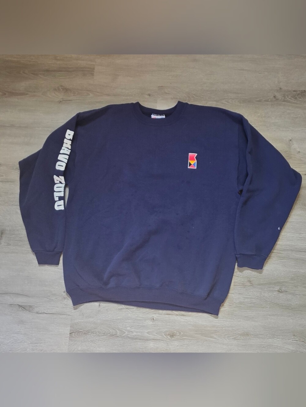 Bruno Zulu Fedex Navy Crewneck Sweatshirt with Geometric Chest Logo Size Large